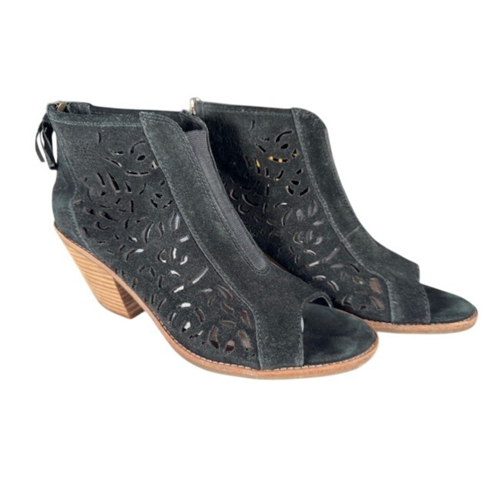 Sofft Black Suede Laser Cut Peep Toe Ankle Booties Block Heel Zip - size 10
